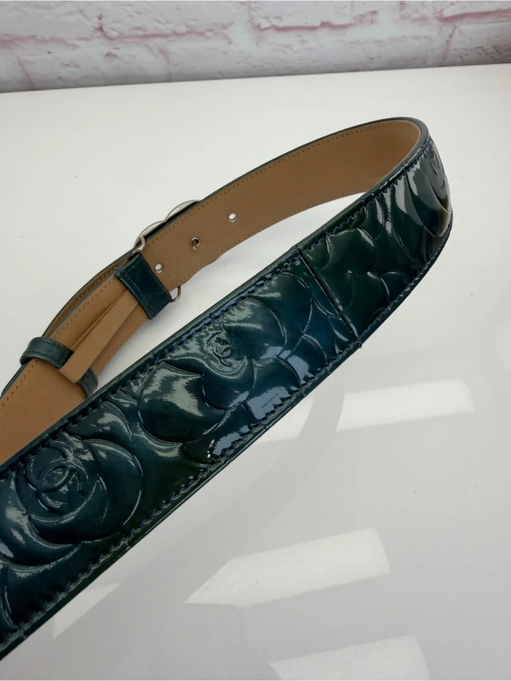 Chanel Teal Patent Leather Camellia Embossed Belt with Interlocking CC Buckle